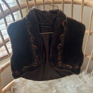 Central Park West Chocolate Faux Fur Vest with Embellishments